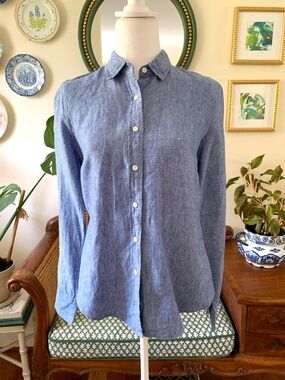 J Crew Baird McNutt Irish Linen Blue Button Down Long Sleeve Blouse Top 6
